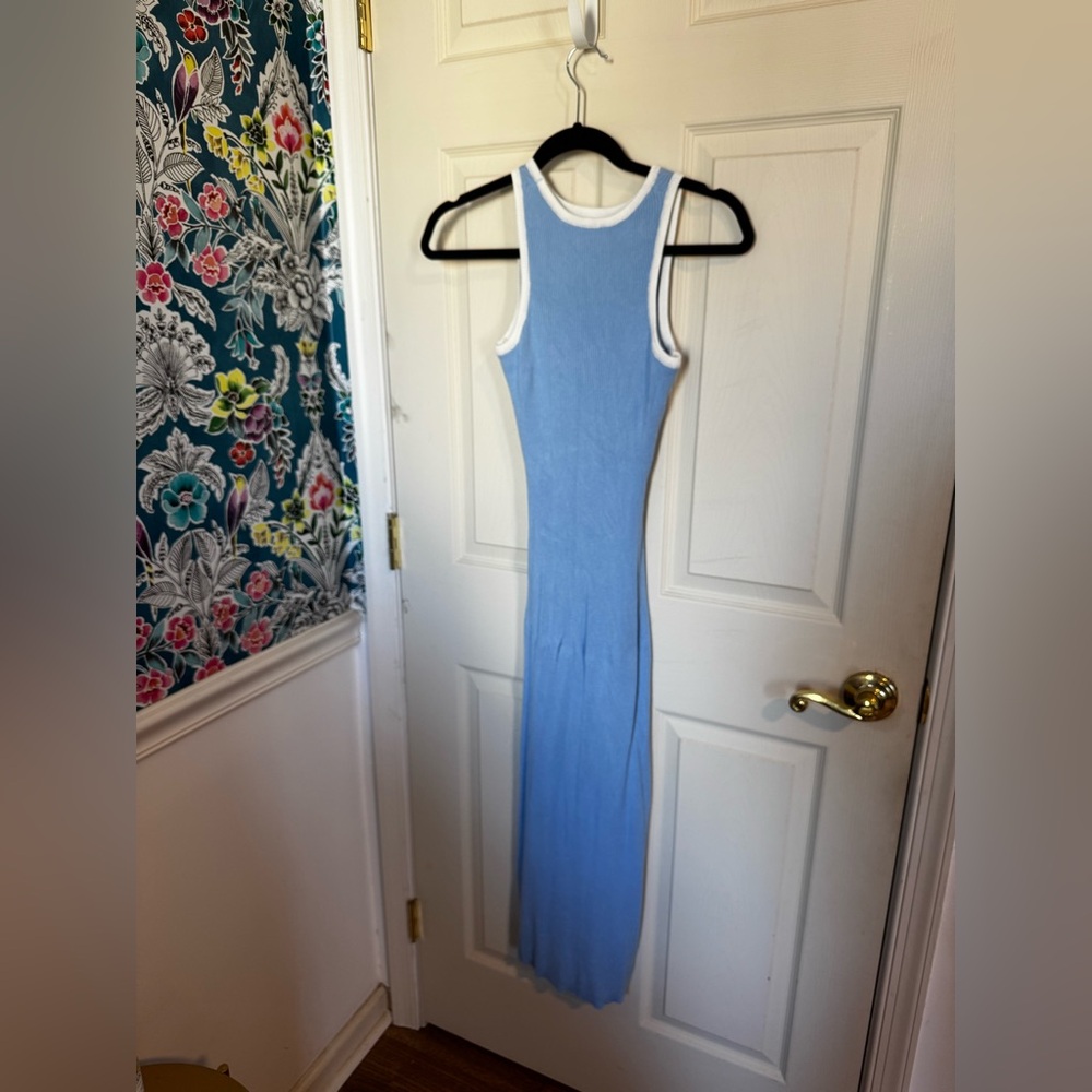 Santorini Blue Cutout Crew Neck Sleeveless Tank Slit Ribbed Bodycon Midi Dress - Picture 7 of 7